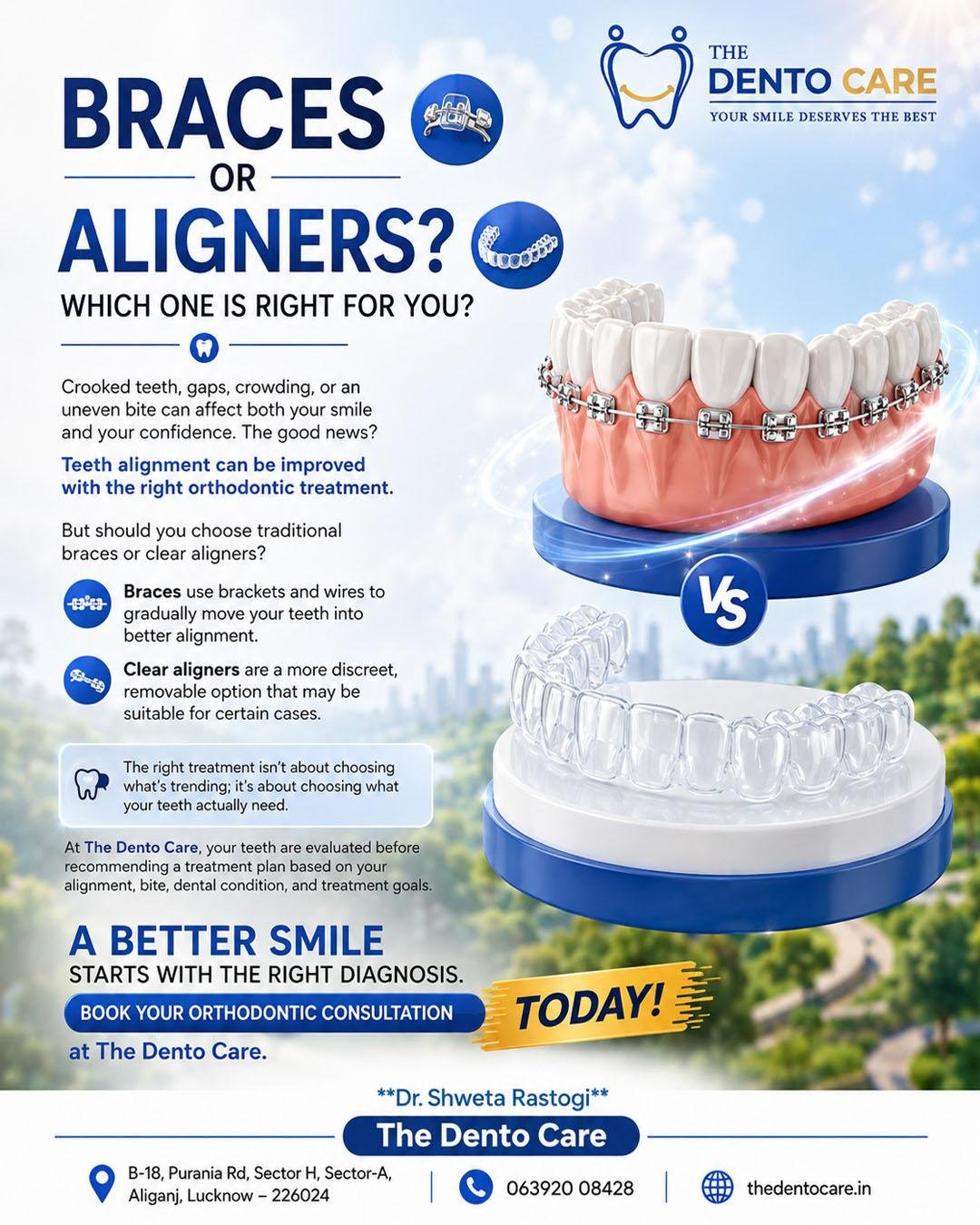 Braces or Aligners? Which one is right for you? 😁🦷
Both can help improve teeth alignment, but the right choice depends on your bite, dental condition, and treatment goals. Get the right diagnosis before choosing your treatment.
Braces, Clear Aligners, Teeth Alignment, Orthodontic Treatment, Dental Care, Orthodontic Consultation, Dentist in Lucknow
#Braces #clearaligners #TeethAlignment #orthodontictreatment #dentalcare #healthysmile #smilemakeover #DentalConsultation #dentistinlucknow #thedentocare #drshwetarastogi